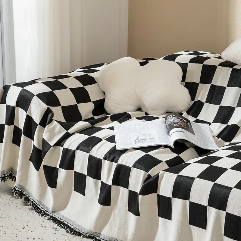 Retro scacchiera scacchiera griglia coperta da tiro arazzo nappa due copriletto laterale campeggio all'aperto asciugamani da spiaggia divano coprisedia
