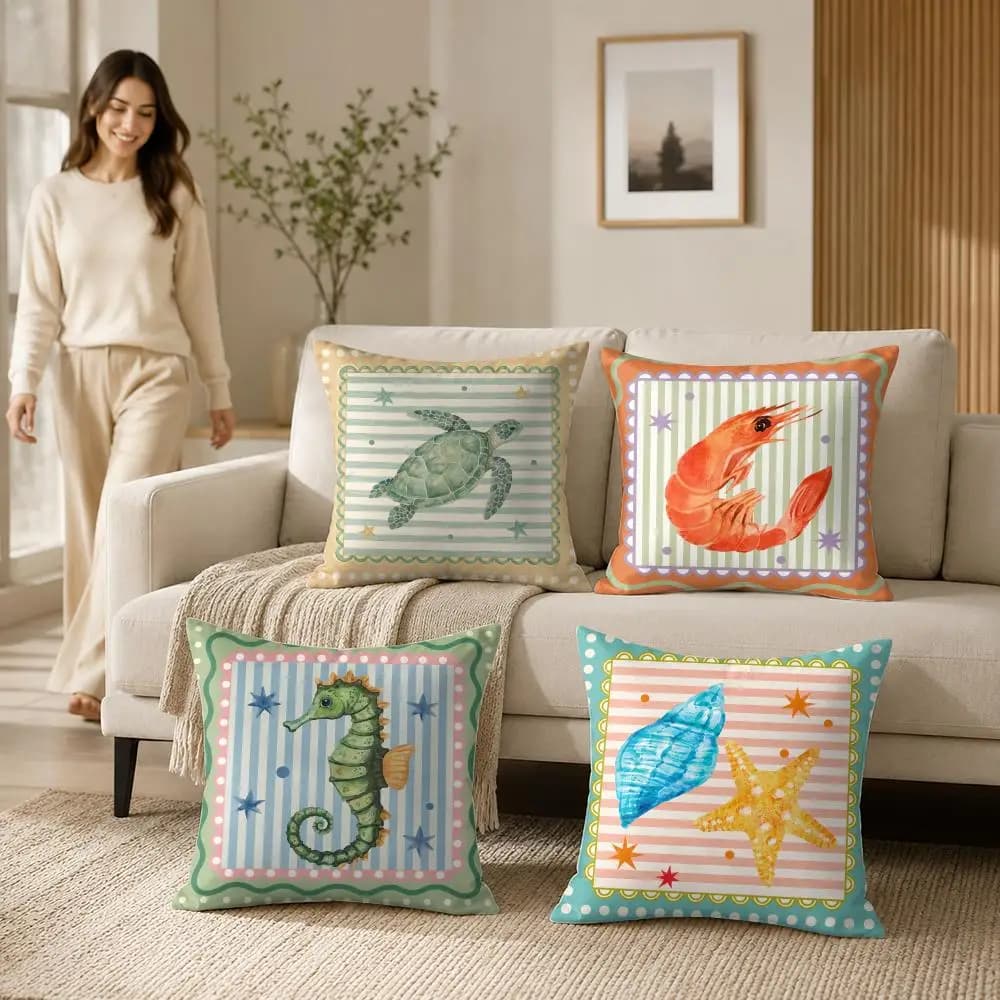 Lobster Seahorse Shell Theme Cushion Cover Soft Short Plush Pillow Case Double Sided Print Washable Sofa Home Decor Gift