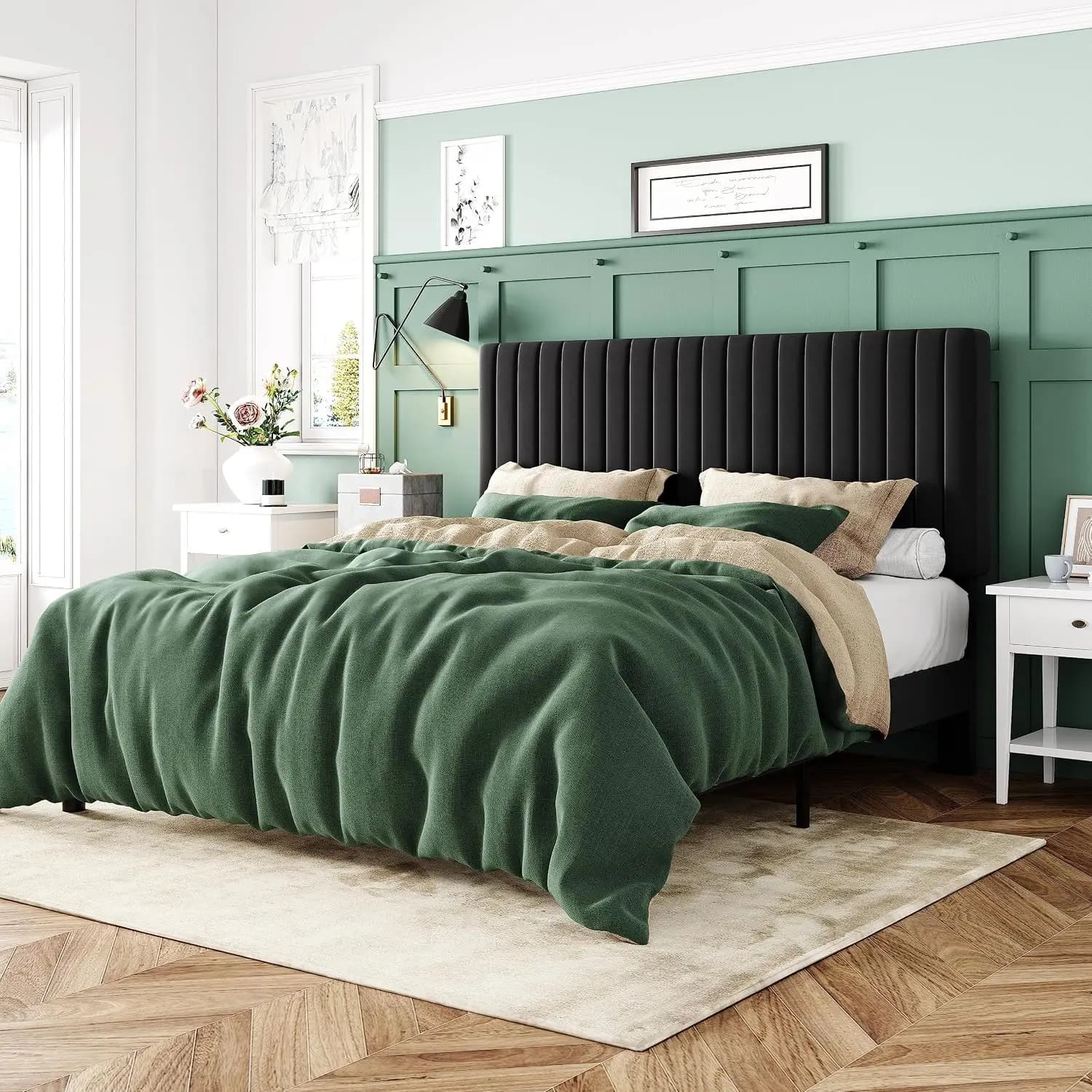 Velvet Upholstered Platform Bed with Vertical Channel Tufted Headboard, Mattress Foundation with Strong Wooden Slats, Customized