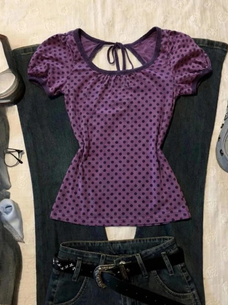 Top Americano con Stampa a Pois Viola, Maglietta Slim con Maniche a Bolla e Lacci sul Retro, Nuovo Abbigliamento Sexy Y2k Estivo