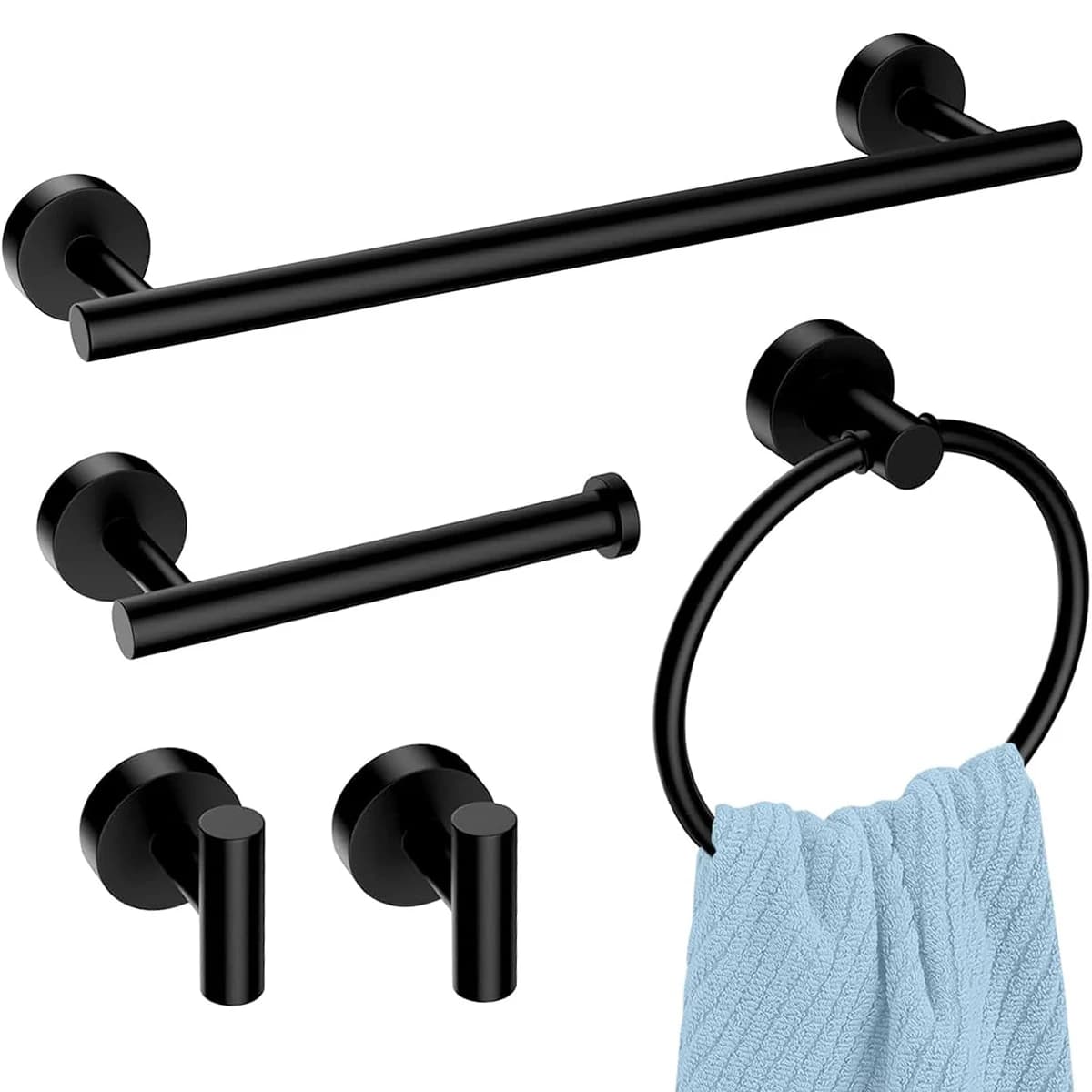Nero Set di ferramenta per il bagno Accessori Montaggio a parete Acciaio inossidabile Portasciugamani Anello per asciugamano Porta carta igienica Gancio Kit da bagno