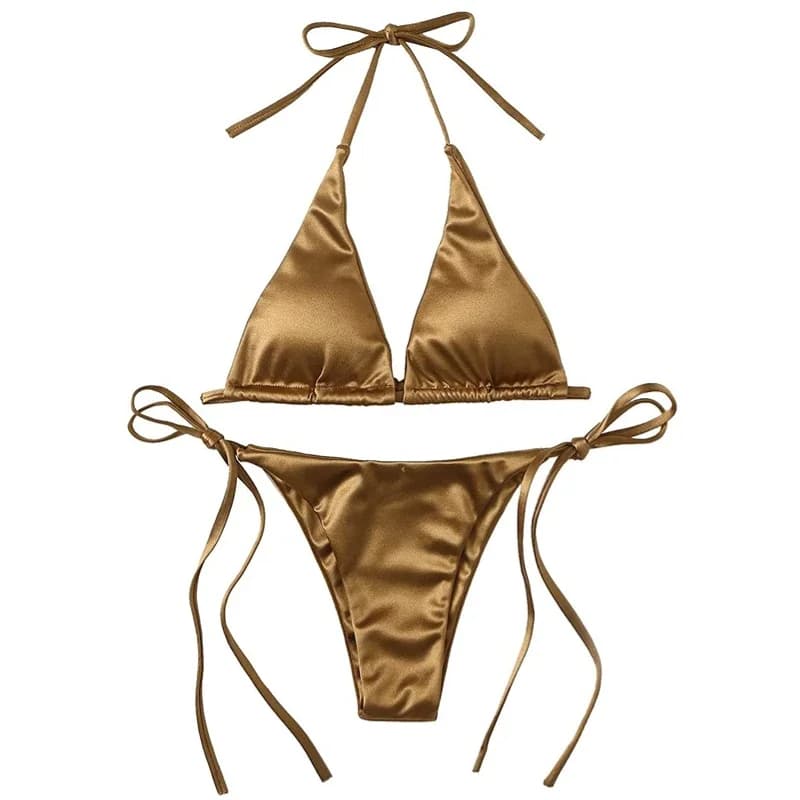 Costume da bagno a due pezzi con scollo all'americana metallizzato da donna Sexy cravatta triangolo laterale Bikini costume da bagno estivo solido Set Bikini da spiaggia
