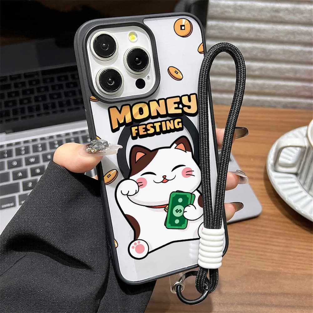 Custodia per telefono con ricarica wireless Lucky Cat per iPhone 17 16 Pro Max 11 13 14 12 Air per copertura antiurto in silicone Magsafe con cinturino