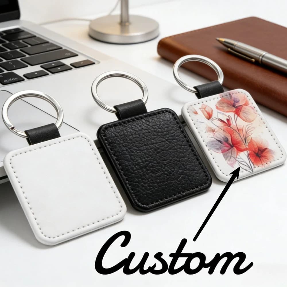 Portachiavi Personalizzato con Logo, Stampa Testo, Nome, Foto di Famiglia o Animali Domestici, Cartone Animato, Catena Portachiavi Personalizzabile in Pelle PU, Ciondolo Bianco, Regalo