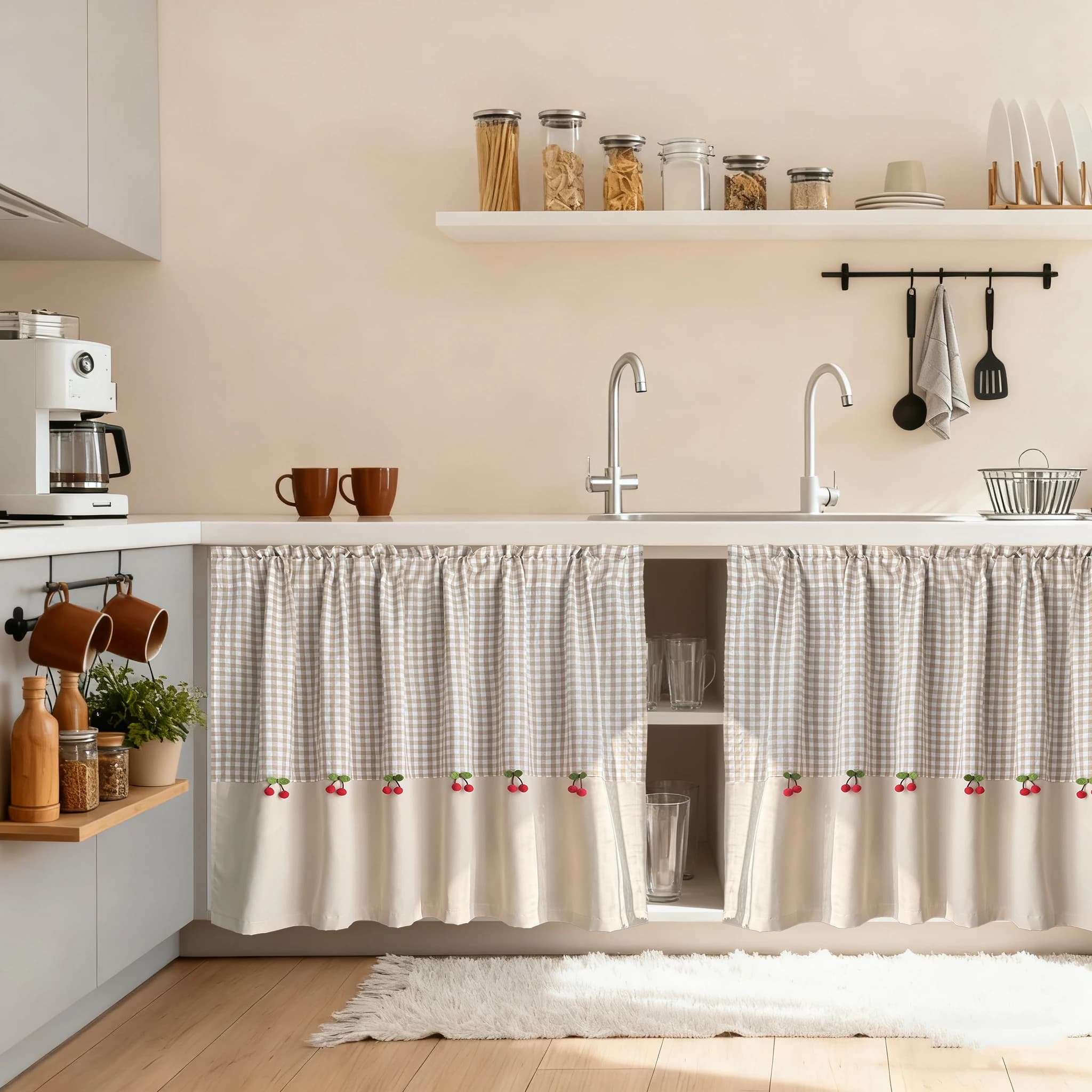 Tenda corta romantica con corato di ciliegio carino, tende per finestre piccole per cucina, tende da cucina per appartamenti, mantovana per finestra da cucina