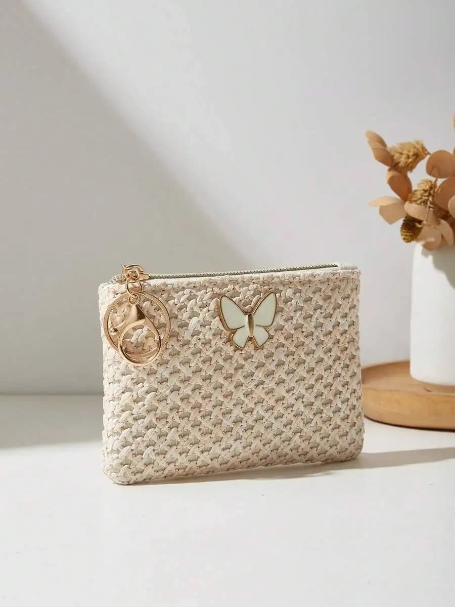Nuova Borsa Intrecciata in Paglia alla Moda con Fiocco, Pochette Porta Rossetto da Donna, Mini Borsa Portamonete Autunnale