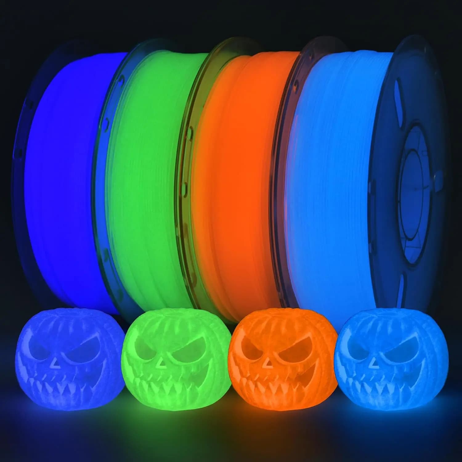 Glow in The Dark 3D Printer Filament Bundle - Multicolour Blue Green Purple Orange PLA 1.75mm Luminous 1kgx4 Spools (8.81 lbs)