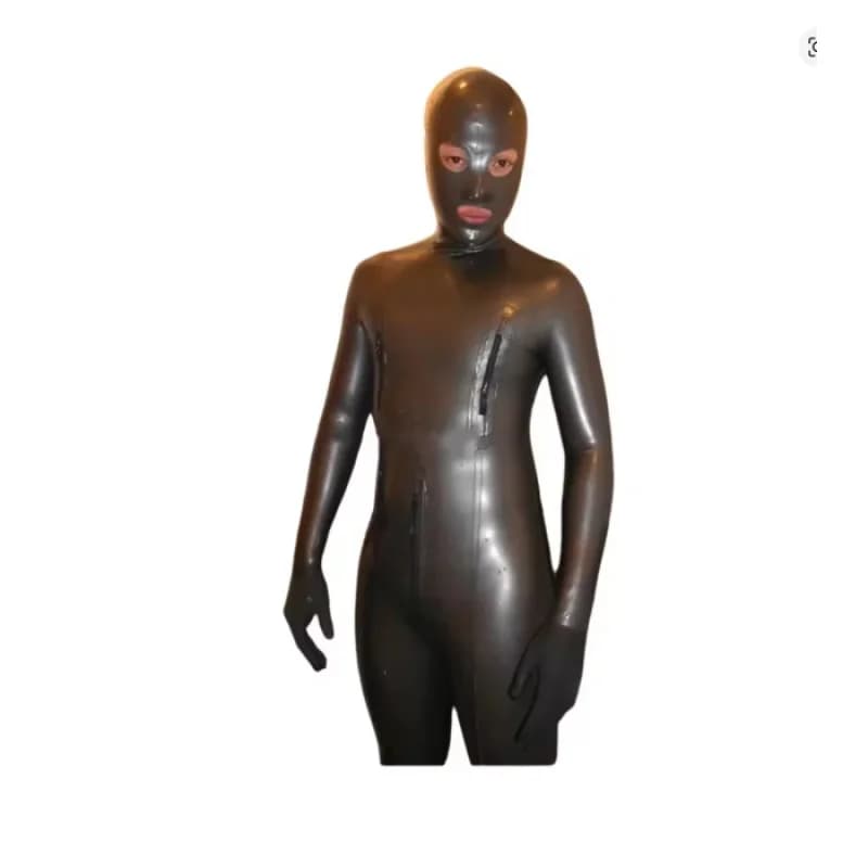 Sexy men's full body tight fitting hooded gloves and socks with T-Zip chest horizontal pull custom chain transparent black