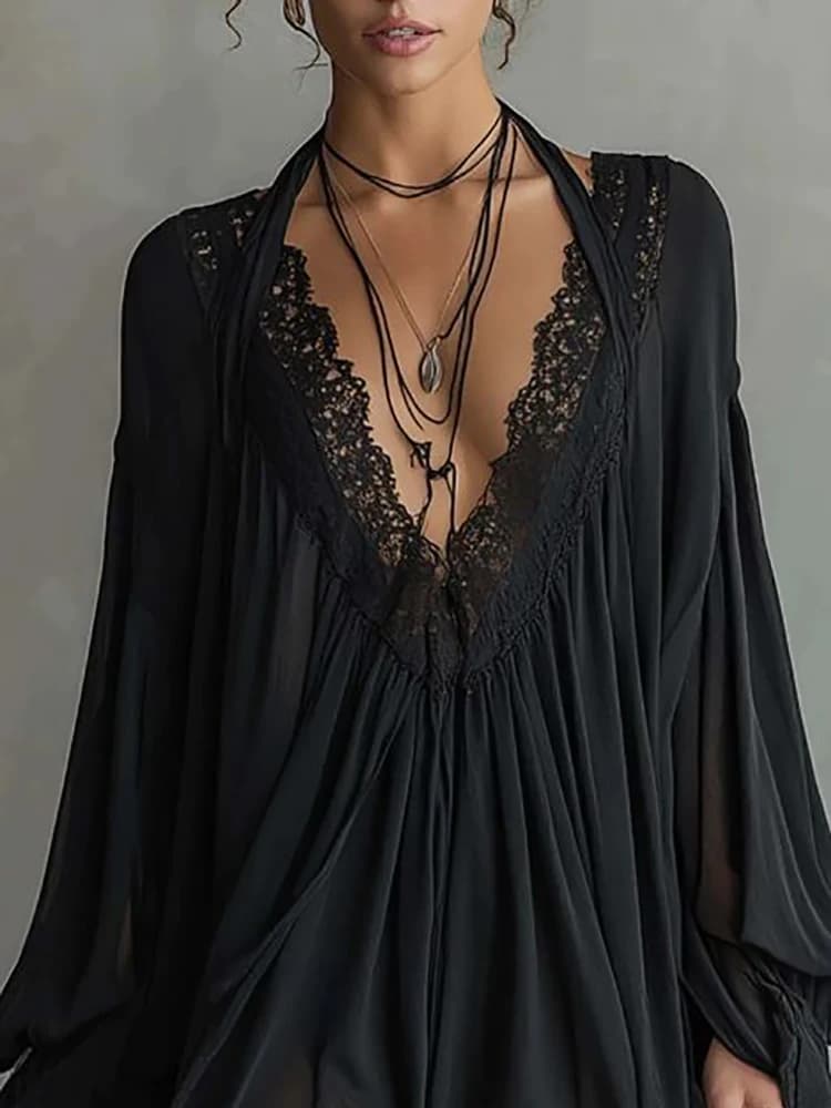 Women's Black Chiffon Lace Mini Dress Sexy Deep V Neck Hollow Out Long Puff Sleeve Loose Flowy A-Line Beach Chic Cover Up Dress
