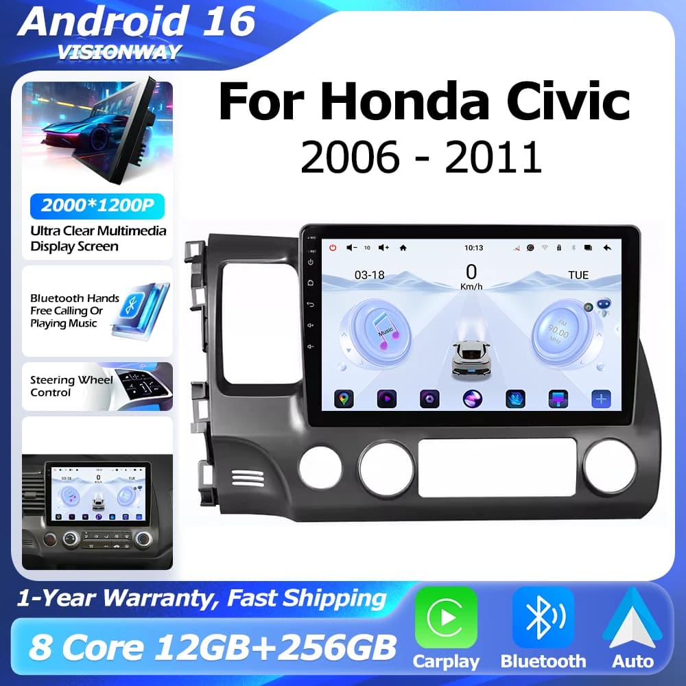 Android 16 Bluetooth Per Honda Civic 2006-2011 Autoradio Lntelligent Lettore Multimediale Auto Senza Fili CarPlay WIFI 4G DSP GPS
