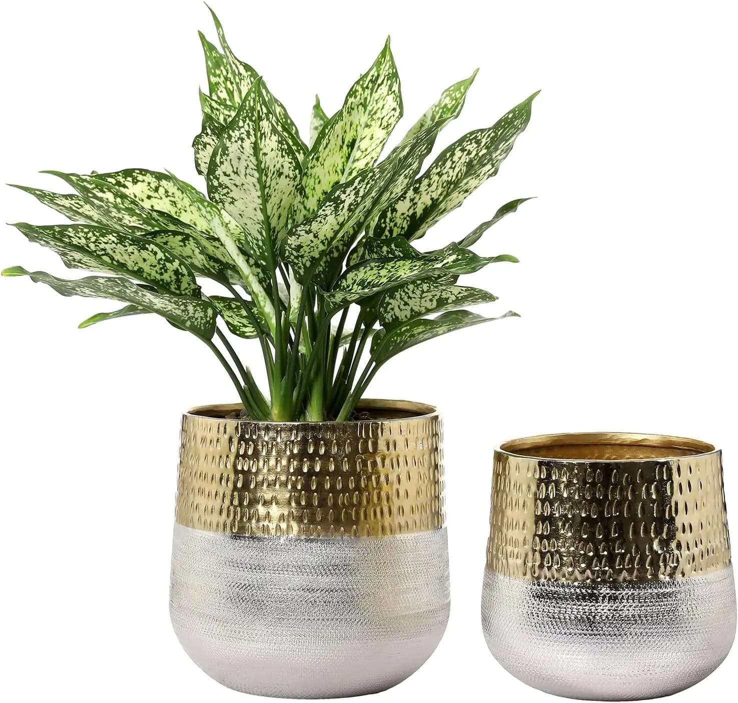 Vaso per Piante da Interno Rotondo Bicolore, in Ottone Martellato e Metallo Argentato con Motivi Incisi, Set di 2 - Fatto a Mano