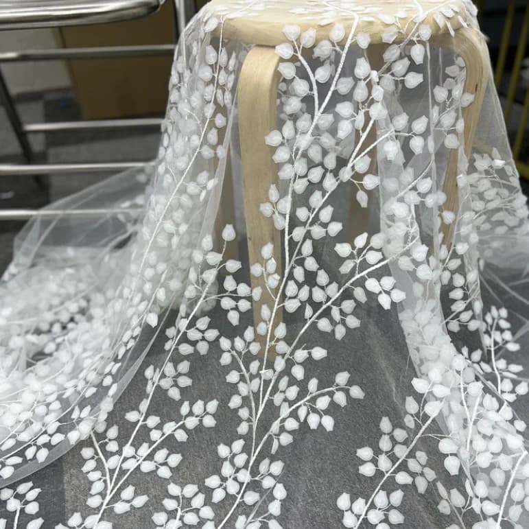 130cm Wide White Fabric Lily Valley & Branch Embroidery 3D Laser Floral Mesh Material for Women's Dresses Evening Gowns F022