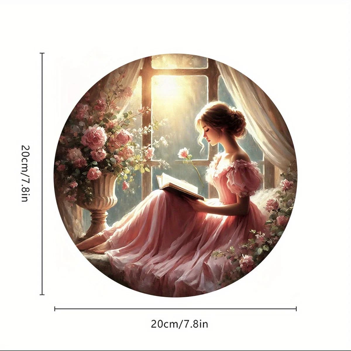 Retro pink dress for female readers, circular wall art, suitable for home decor
