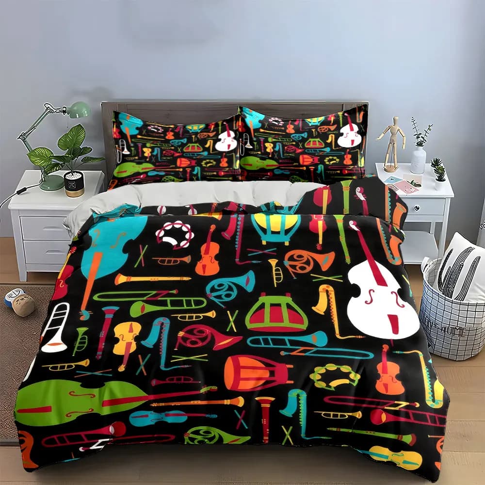 Set di biancheria da letto colorata con strumenti musicali, set di biancheria da letto morbido e delicato sulla pelle, include 1 copripiumino e 2 federe, regalo