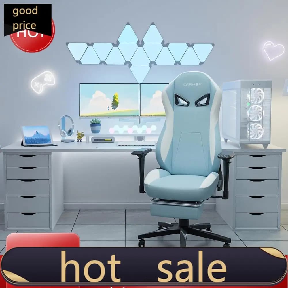 Sedia da Gaming Ergonomica Popolare con Schienale Alto e Poggiapiedi, Altezza Regolabile, Supporto Lombare, Bianca e Blu
