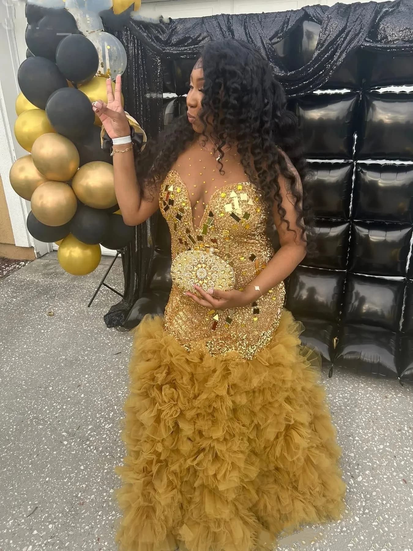 Abito Scintillante Dorato con Cristalli a Sfera, Sexy Scollo a V, Stile Sirena, per Cerimonie Africane, Matrimoni, Feste di Compleanno, Personalizzabile