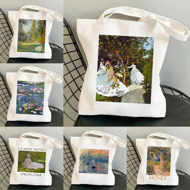 Tote shoulder bag in canvas with floral print Kawaii Harajuku Monet Water Lilies Eco-friendly daily shopping bag for women