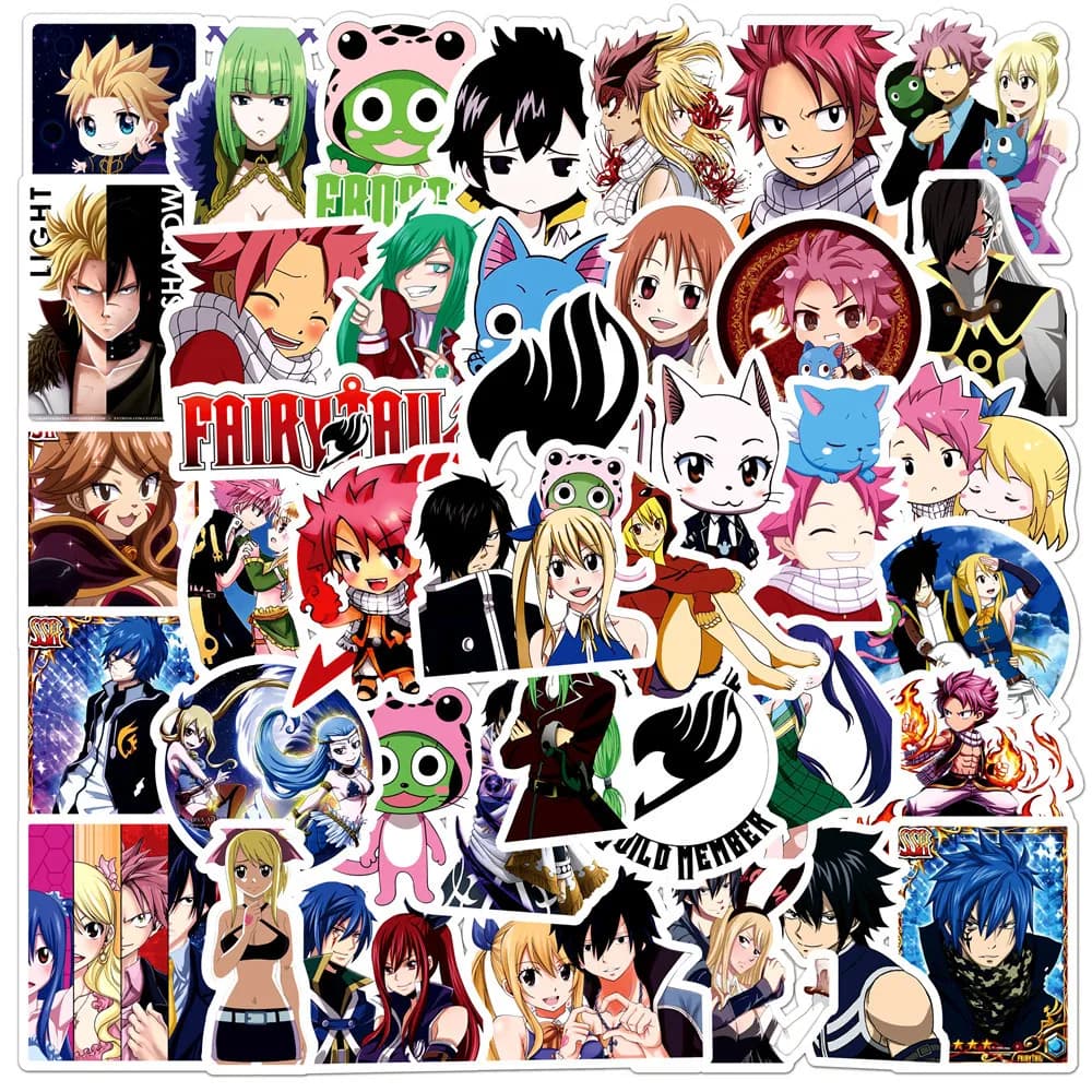 50 Pezzi Adesivi Anime Fairy Tail, Sticker Cartoon di Lucy e Natsu, Decalcomanie per Skateboard, Moto, Telefono, Notebook, Graffiti Grigi