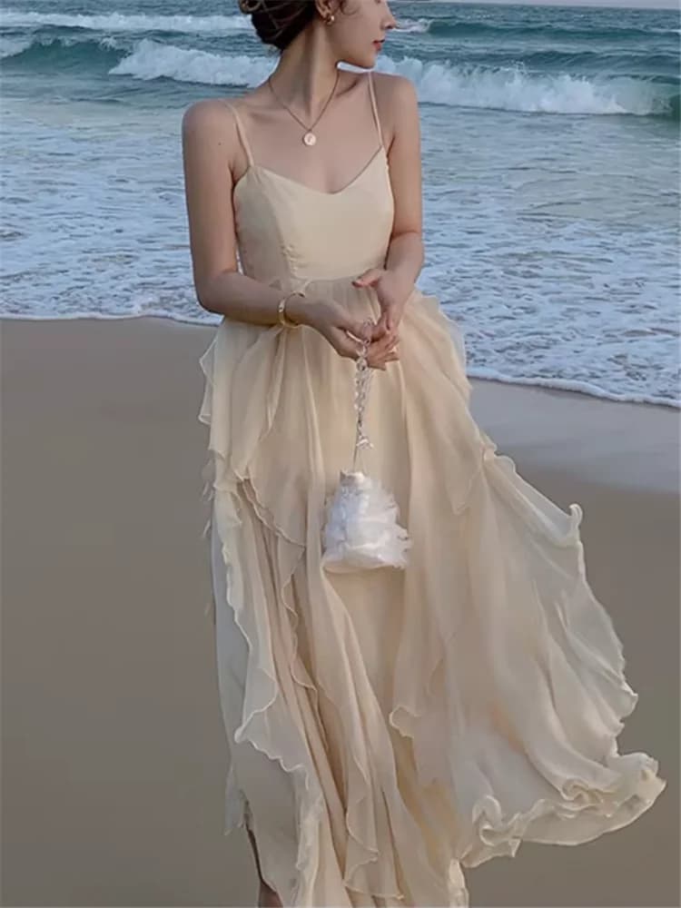 New Summer Beach Dress 2026, Long Sexy Dress with Sleeveless Volant in Black, Pink and Red, Gonna for Photo at Sea