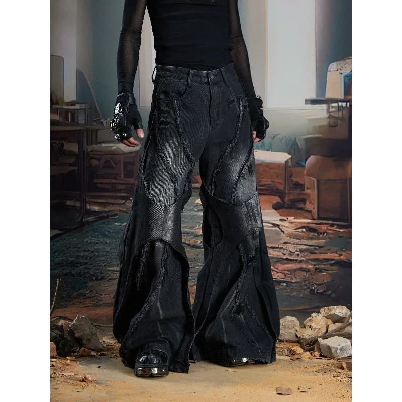 Dark Heavy Industry Decomposition Double Layer Structure Splicing Wide Leg Loose Frayed Color Wearing Denim Jeans Casual Stra...