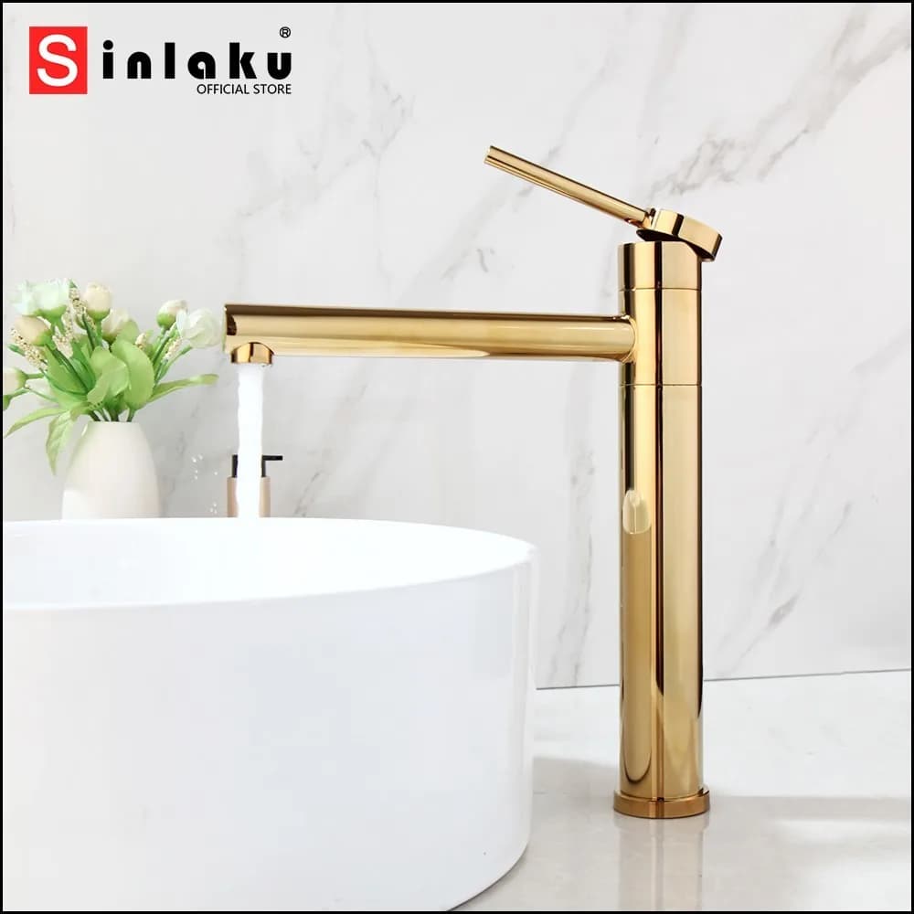 Rubinetto per lavabo da bagno SINLAKU, placcato oro, montaggio su piano, stile moderno, controllo a singolo manico con miscelatore acqua calda e fredda