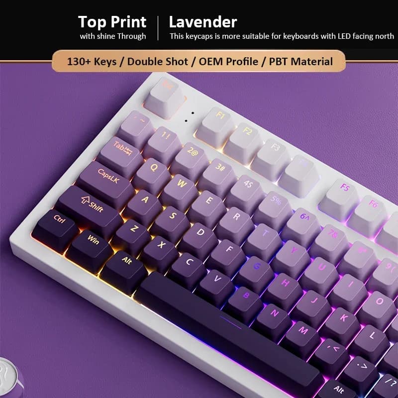 Set di 134 Tasti PBT Personalizzati Profilo OEM Viola Lavanda, Illuminazione Trasparente, per Tastiere Meccaniche da Gaming con Switch MX