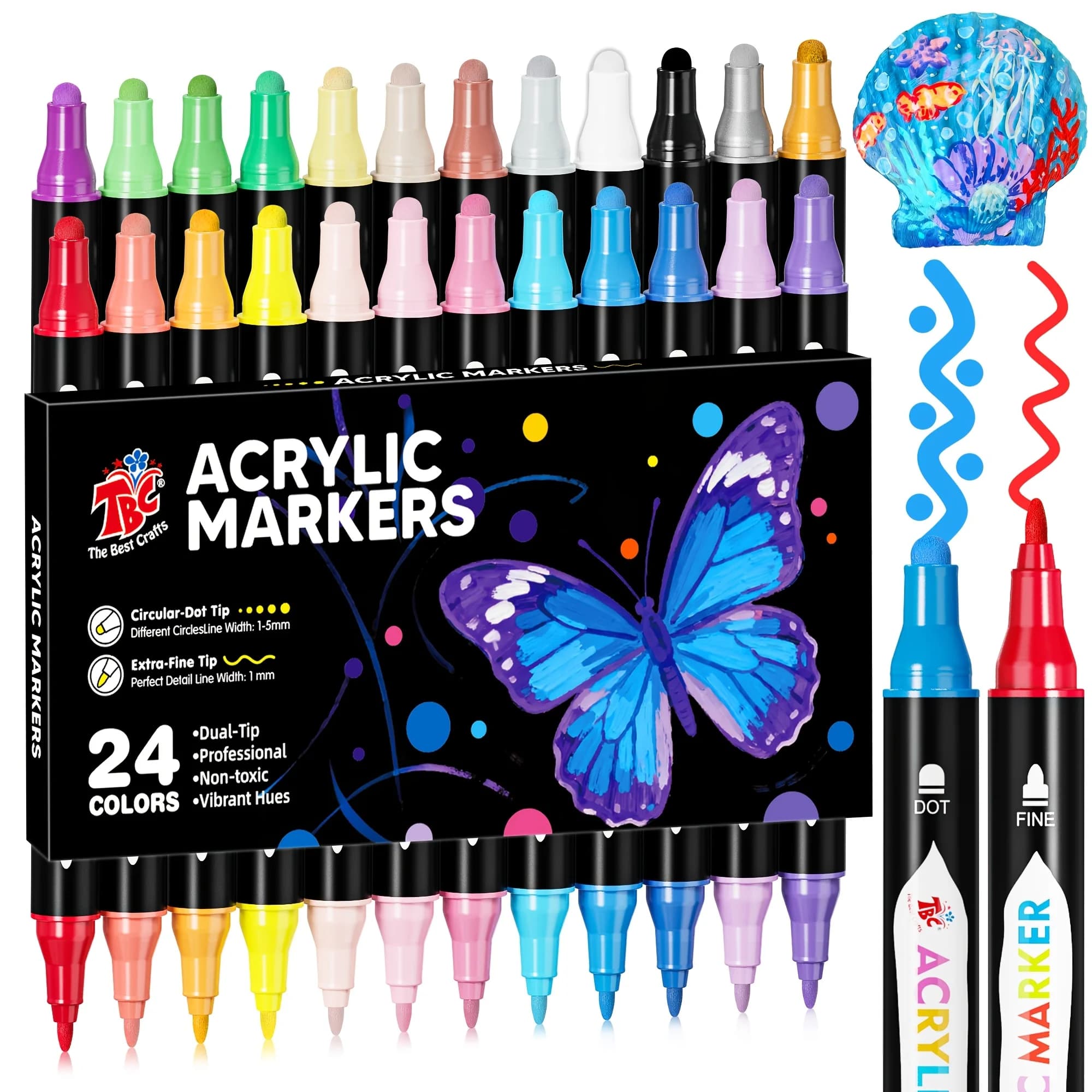 TBC The Best Crafts Calligraphy Pens 24/48 Colors Dual Tip Acrylic Paint Markers, Dual Tip with Fine Tip and Brush Tip Pens for Non-Toxic Vibrant Hues, Perfect for Paper, Stone, Wood, Fabric, Glass & More