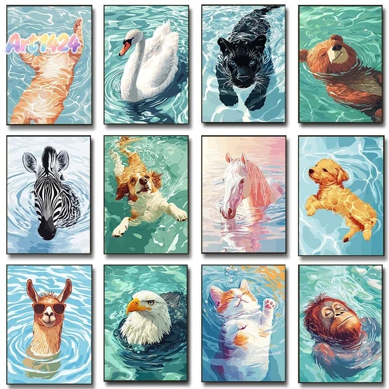 (No frame)Cute Animals Floating Peacefully in Water Posters Black Panther Swimming Prints Canvas Painting Wall Art Picture Ho