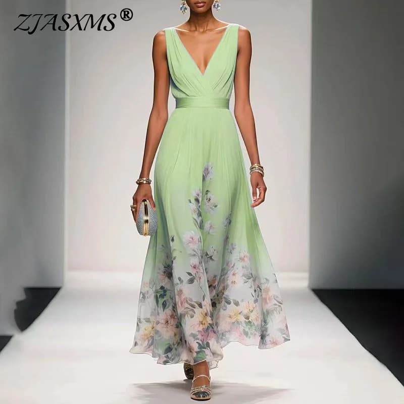 New Fashion Party Dresses Deep V Neck Floral Printing Ruffle Sleeveless A Line Beach Dress High Waisted Summer Sexy Womens Dress