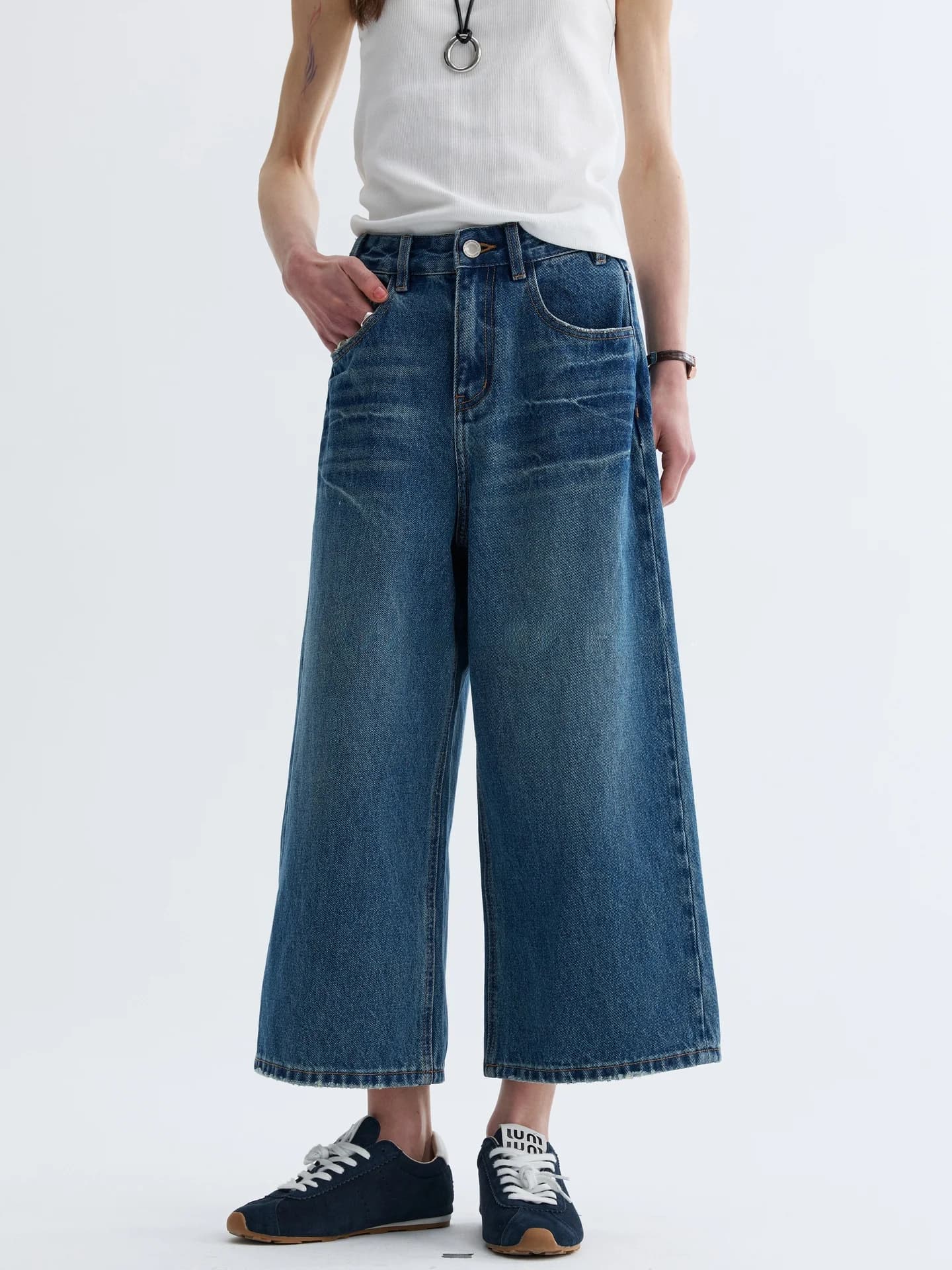 Jeans a Vita Alta VAJE con Gamba Larga e Effetto Distressed, Pantaloni in Denim Casual Primaverili ed Estivi per Donna