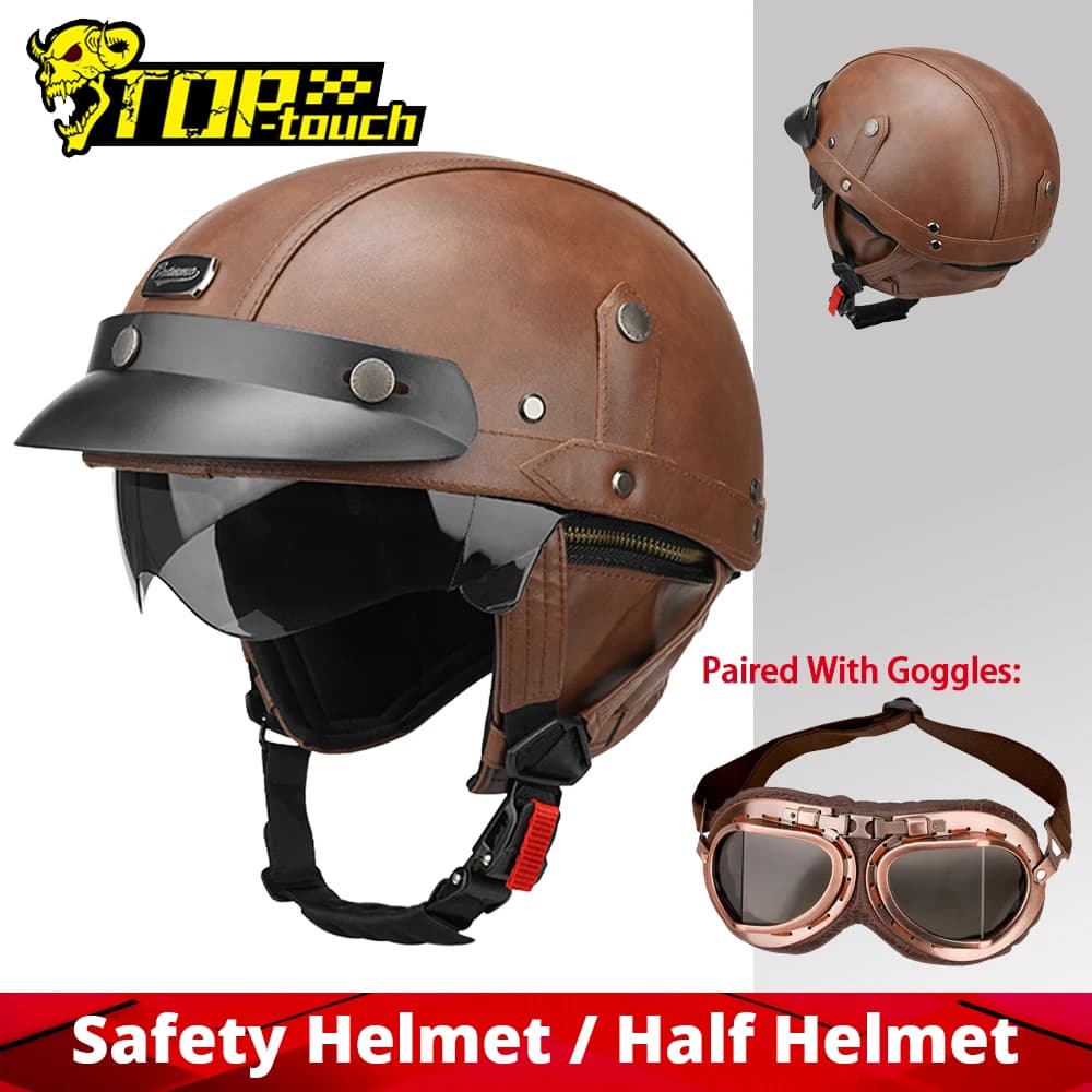 Casco Moto Aperto in Pelle Stile Vintage con Visiera Parasole - Protezione Anticaduta - Taglie M-XL