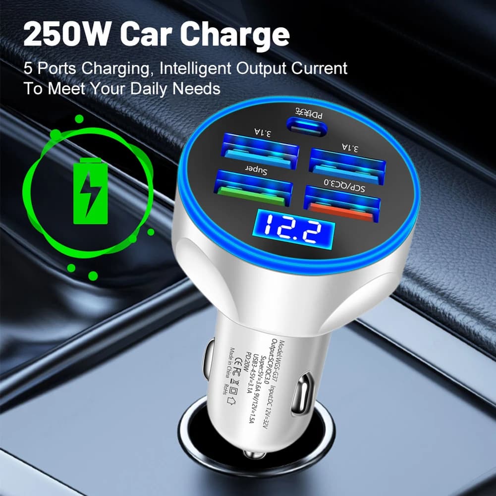 Caricabatteria da auto USB a 5 porte Tipo C Ricarica rapida Adattatore super caricabatterie PD QC3.0 da 250 W in auto per iPhone Samsung per Huawei Xiaomi