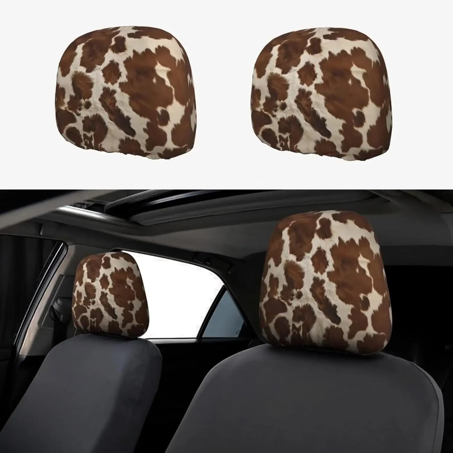 2 car headrest covers, brown cow, cute, for car seat, headrest protection, animal print, breathable, car seat