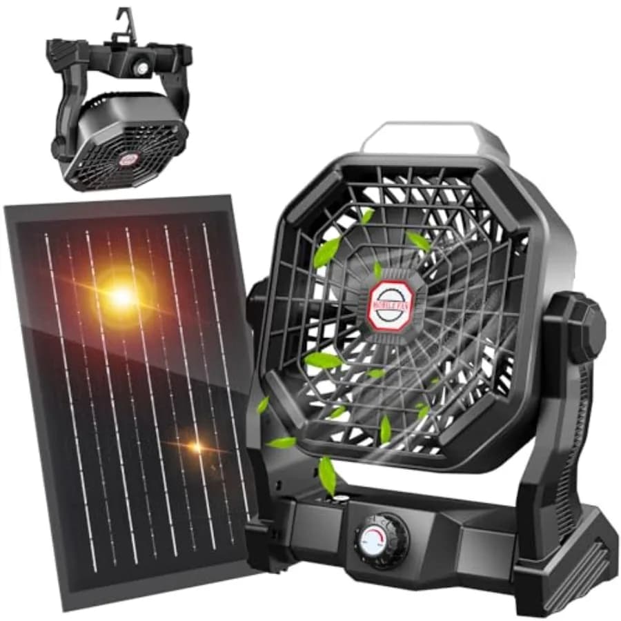 Solar Fan with LED Lantern, Camping Fan with 7W Solar Panel, Rechargeable Solar Powered for Outside, Quiet Battery Operated Ten