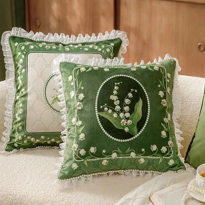 Square Floral Velvet Cushion Cover,Lily of The Valley,Pearl Lace,Decorated,Home,Office,Sofa Pillowcase,French Shell,45cm Green