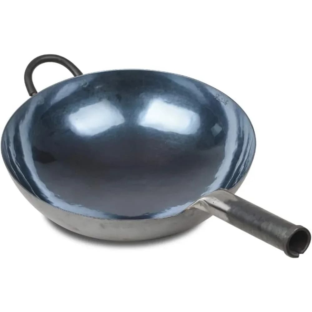Wcchette cinesi in ferro martellato a mano e padelle per friggere, antiaderenti, senza rivestimento, acciaio al carbonio Pow (34 cm, azione blu nera