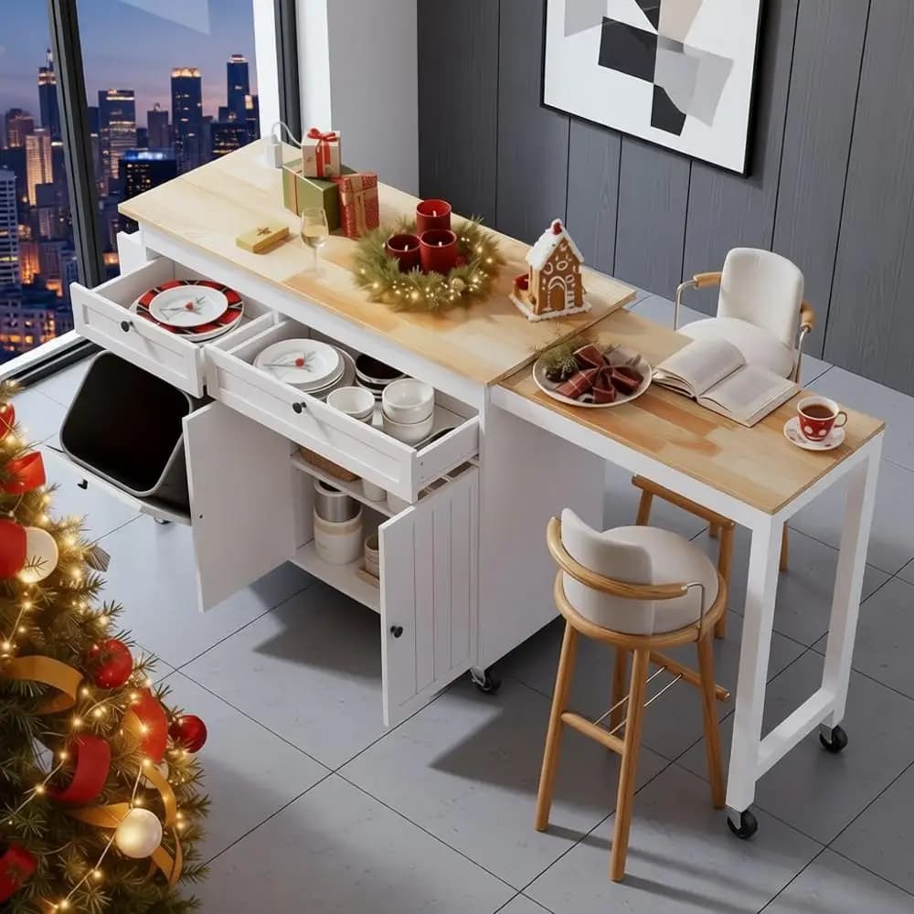 Isola da cucina con tavolo allungabile, carrello portaoggetti con ruote 81,7, bianco, con cestino della spazzatura, presa di corrente, portaspezie e portasciugamani