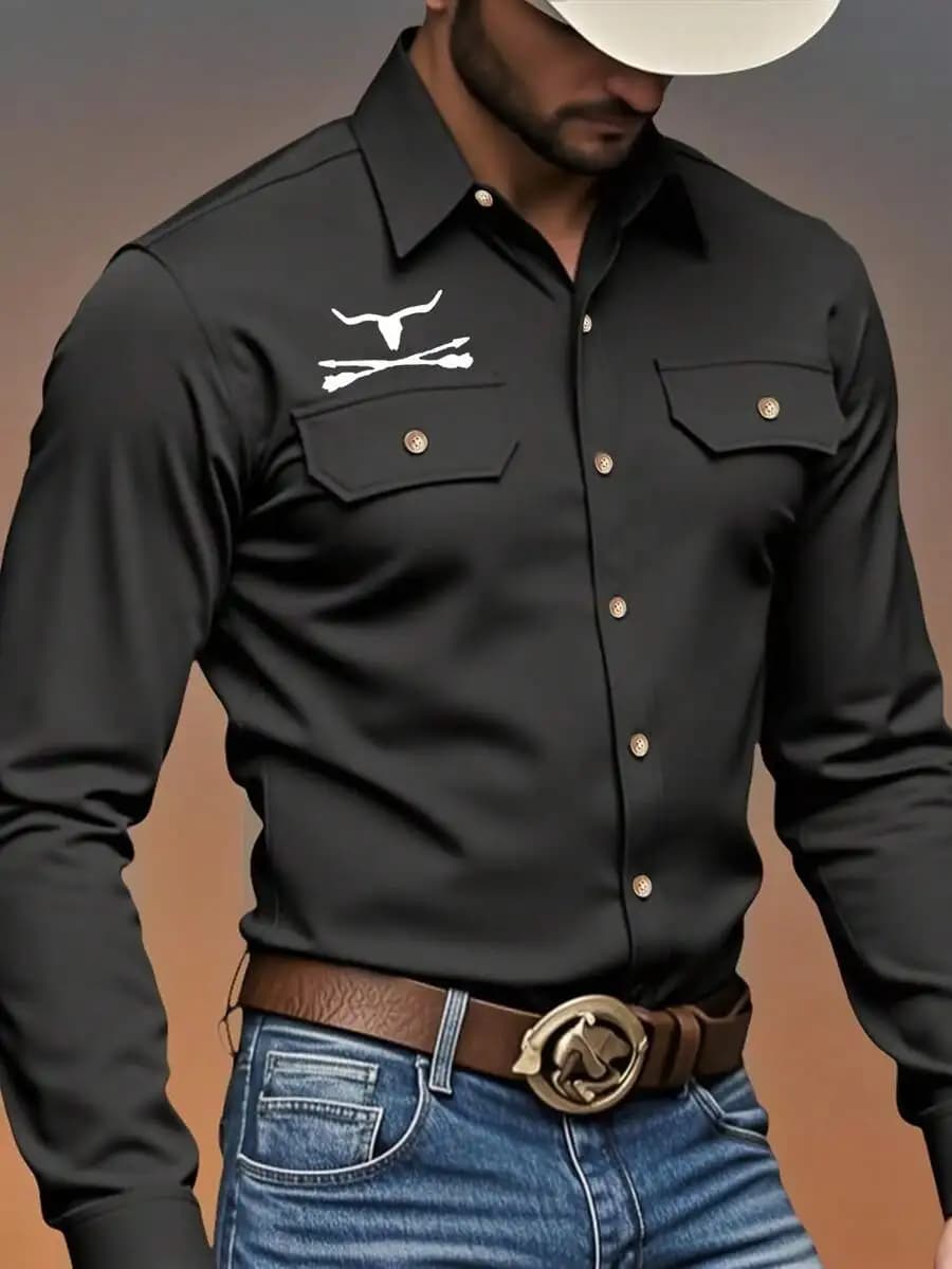 Camicia da uomo nera a maniche lunghe in stile western con grafica di toro e frecce incrociate