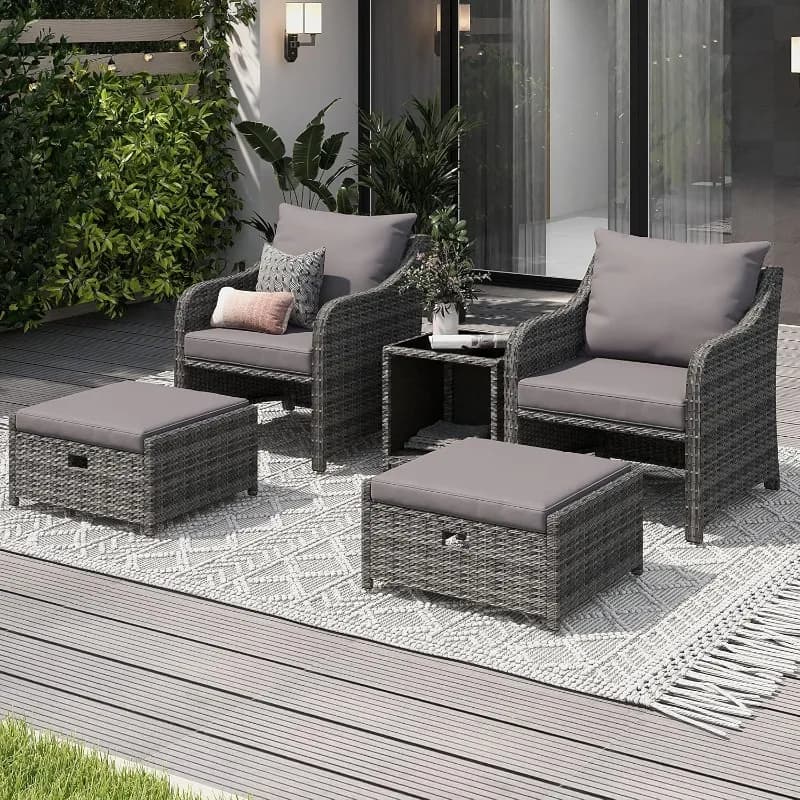 HOMREST Arredamento da Balcone, Set di 2 Sedie da Esterno in Rattan PE con Cuscini e Tavolino Ottomano, Sedia Lounge da Esterno