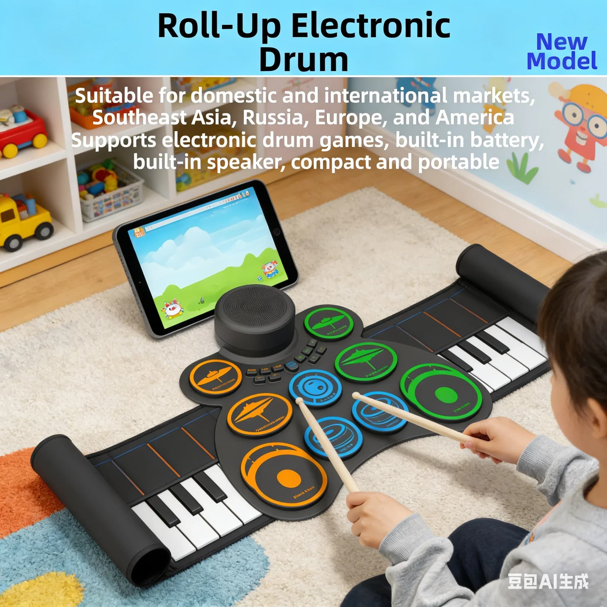 Set batteria Kit batteria elettronica 9 batterie in silicone USB DC 5V 1A con bacchette Kit roll-up in silicone Altoparlanti incorporati Portatili