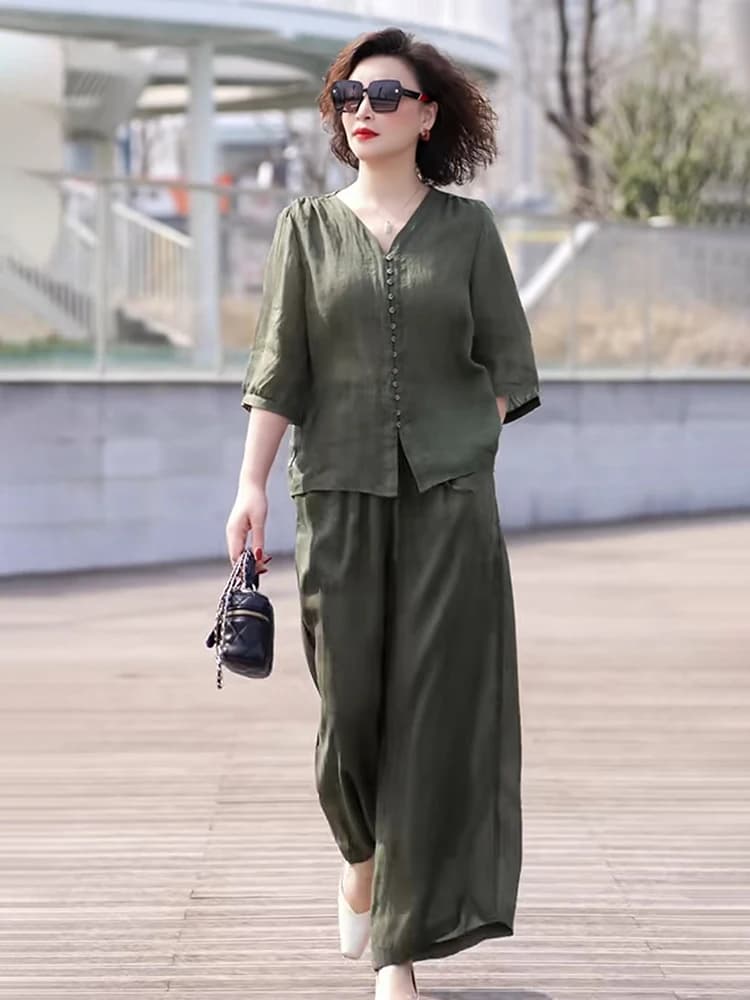 High-End Cotton Linen Wide Leg Pants Two-Piece Set for Women Summer Fashionable Ethnic Style V-Neck Sleeveless Casual Sportswear