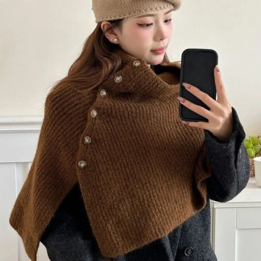 Classic Button Knitted Shawl Warm Thicken Women Winter Shawl Irregular Cloak Scarves Knitwear Girl