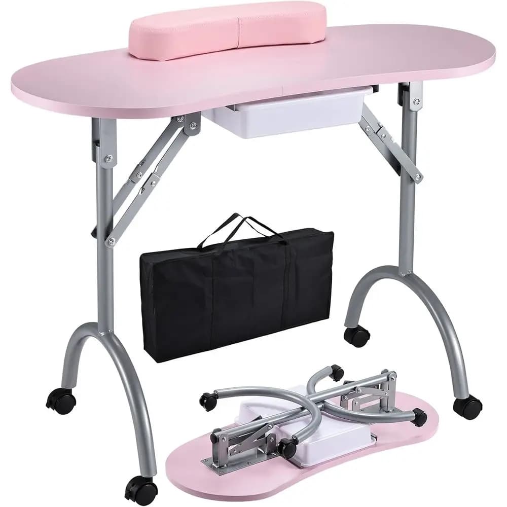 Tavolo da Manicure Professionale Pieghevole e Portatile, Postazione di Lavoro per Tecnici delle Unghie con 4 Ruote Bloccabili e Poggiapolsi per Cliente, Trasporto Gratuito