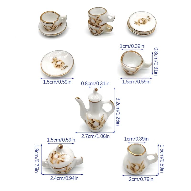 NUOVO Set da 11 Pezzi in Miniatura 1:12 per Casa delle Bambole, Servizio da Tè in Ceramica Marrone con Rose, Set da Vino, Stoviglie, Mini Tazza da Tè, Bicchiere da Vino, Modello Decorativo Giocattolo