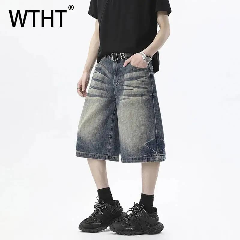 WTHT Vintage Men‘s Do Old Wash Pleated Loose Denim Shorts Fashion 2026 Summer High-waisted Wide Leg Short Pants Male 2A3103