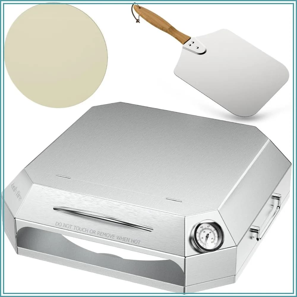 Stainless Steel Grill Top Pizza Oven Kit, Portable Pizza Maker for Gas Charcoal Pellet Grill, Flip-Open Lid, Includes Pizza Stone, Peel & Thermometer