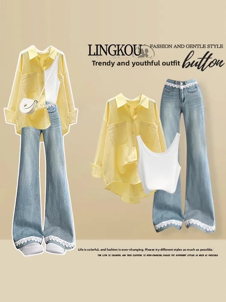 Early Autumn Korean Style Women's Set Large Size Shirt Lace Splicing Bell Bottom Jeans Strap Three Piece Set Casual Fashion