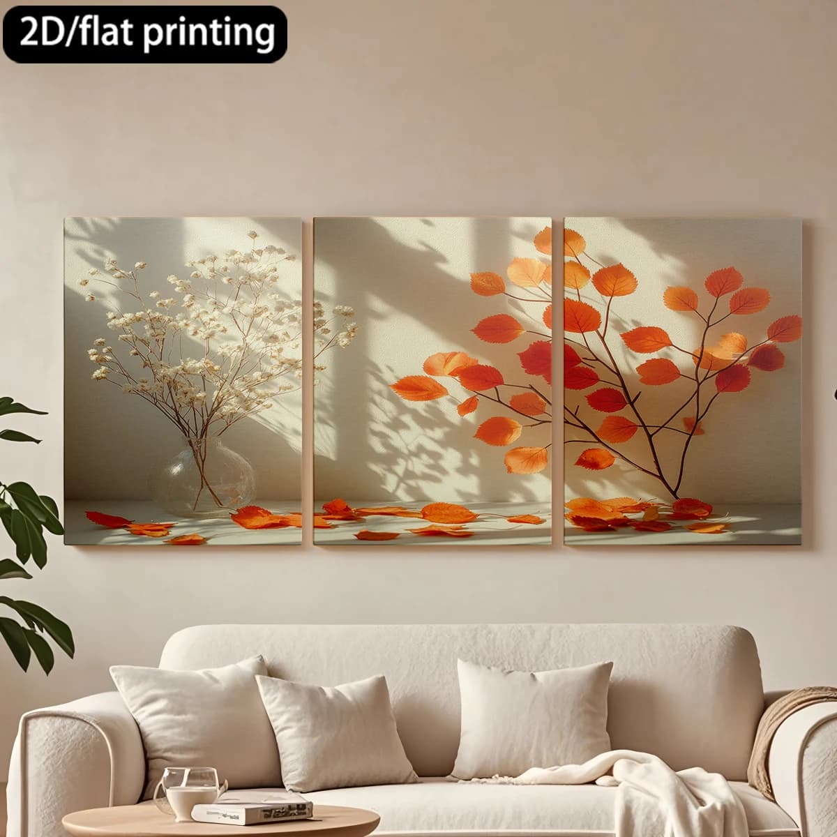 Set of 3 Decorative Squares on Canvas with Wooden Frame: Secchi, Foglie. Corridor and Bedroom Decoration