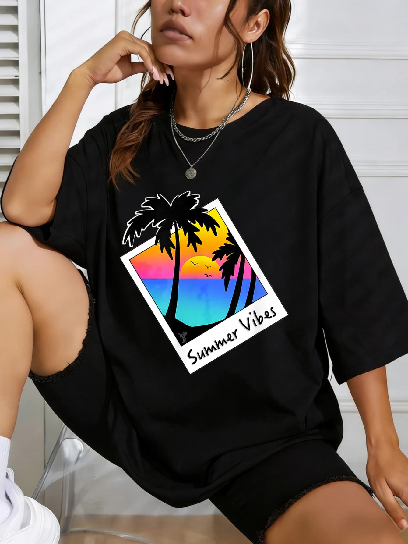 T-shirt oversize da donna in cotone con stampa grafica, motivo palma e vibrazioni estive, casual da spiaggia a maniche corte
