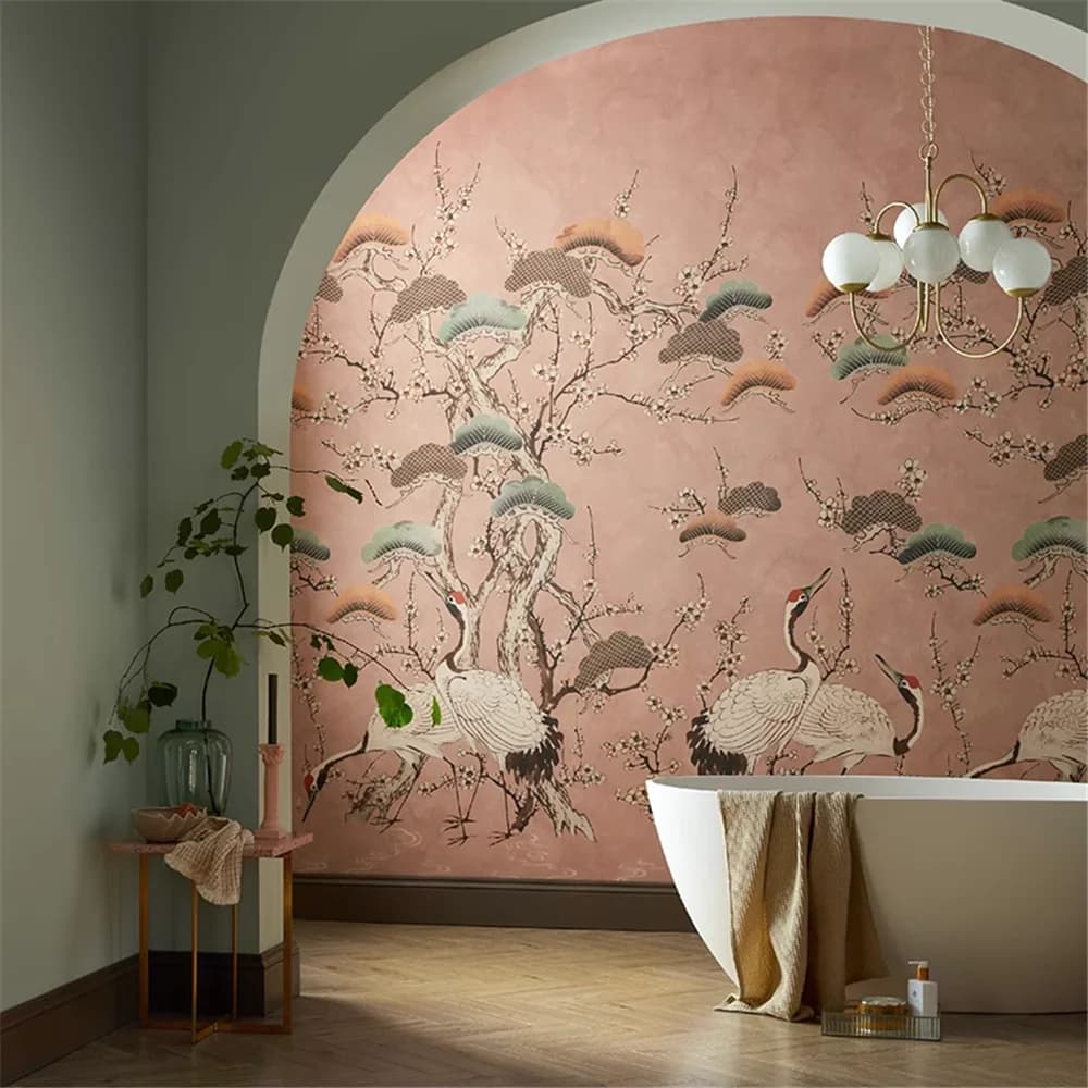 personalizzato Nuovi murales cinesi britannici eleganti fiori di pruno uccelli carta da parati panno da parete alberi di pino gru fiori 3D decorazione della stanza